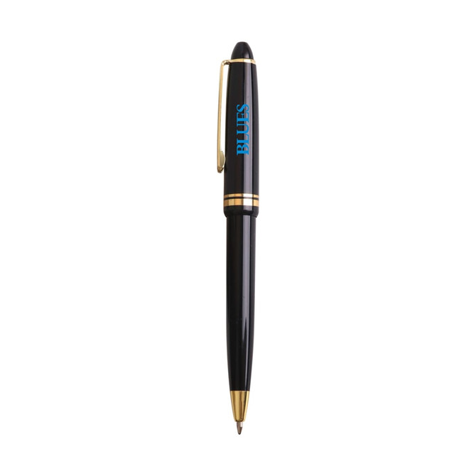 A black Plastic Click Deluxe Pen with gold accents and a branded element.
