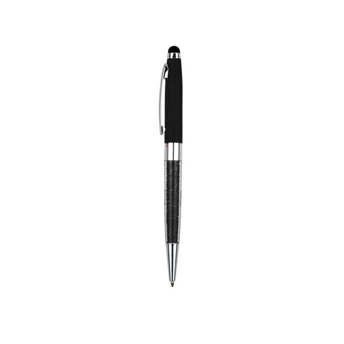 A sleek black 2 in 1 crystal stylus pen with a silver trim and textured grip, featuring a logo.