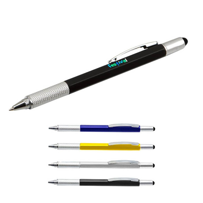 A set of multi-function pens in black, blue, yellow, white, and silver, featuring a logo on the black pen.