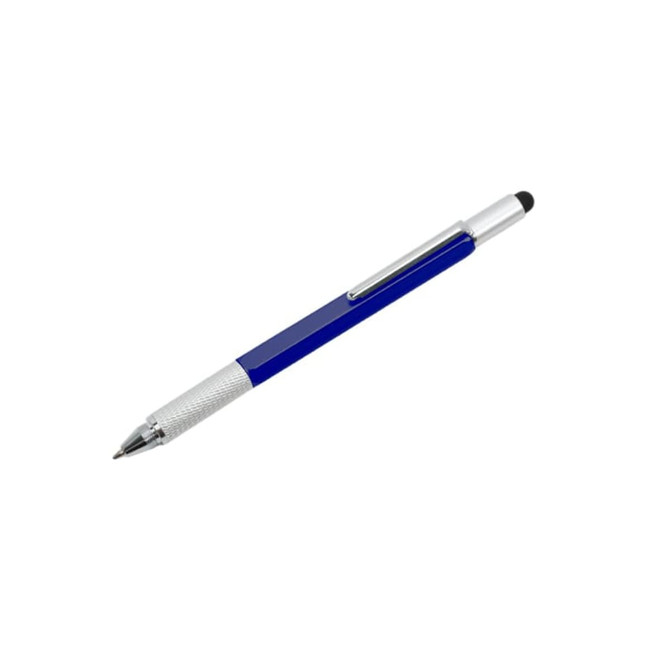 A blue multi-function pen with a silver clip and textured grip, featuring a black stylus tip.