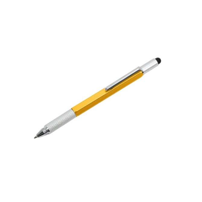 A metal pen with a shiny silver accent and a vibrant yellow barrel, featuring a tactile grip and a stylus tip.