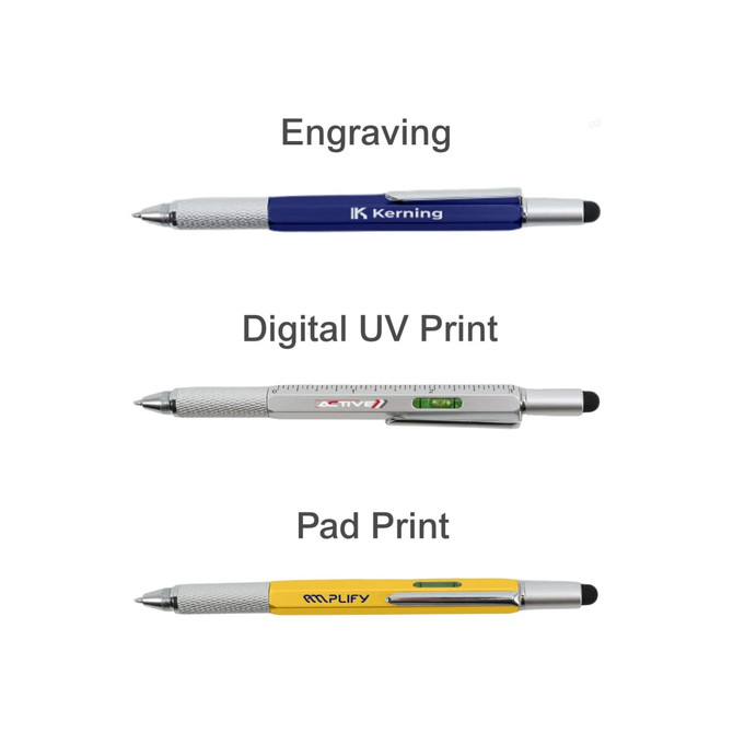 A multi-function pen collection featuring blue, silver, and yellow pens, each with different printing techniques, and a logo.