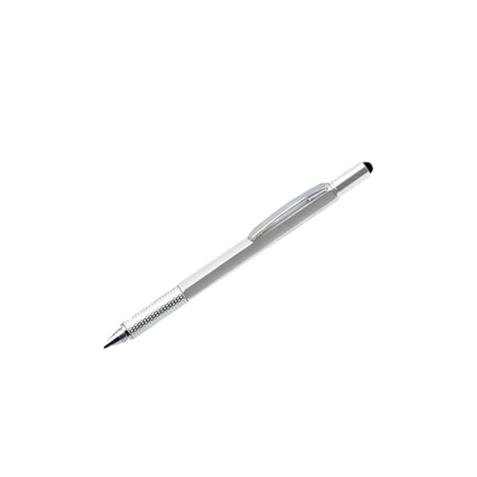 A silver multi-function pen with a sleek design and a black writing tip. It features a branding logo on the body.