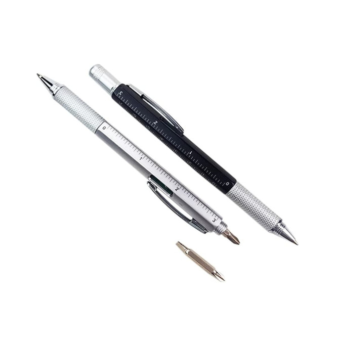 A multi-function pen set featuring a silver pen with a ruler and a black pen, both with a sleek design.