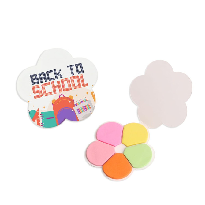 Flower-shaped sticky notes in pink, orange, yellow, and green, presented in a coordinating flower-shaped holder.