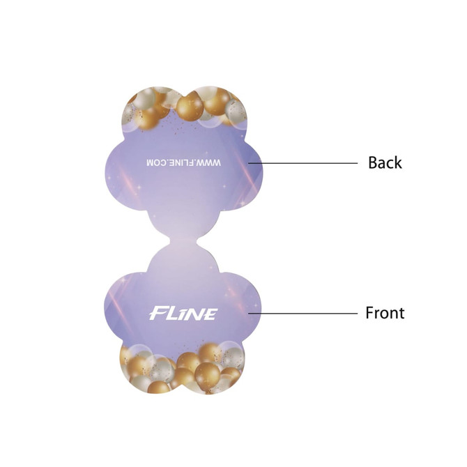 A floral-shaped sticky note pad featuring a pastel purple background with decorative golden and white balloons. It has a logo.