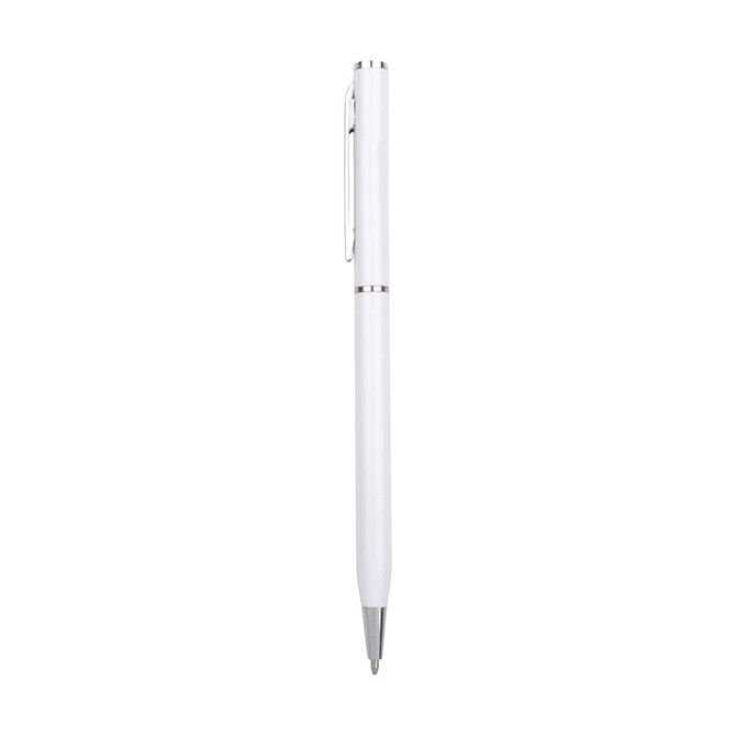 A sleek white aluminium cross pen with silver accents and a logo. Ideal for writing.
