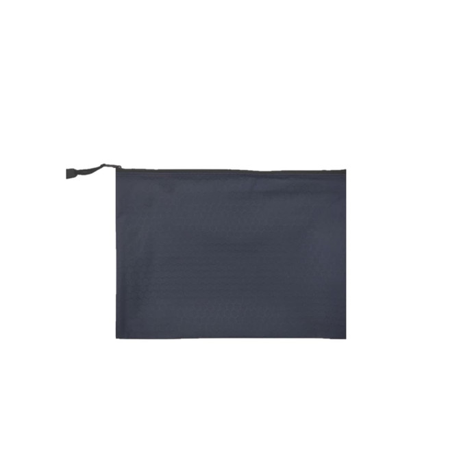 A dark navy zip bag with a textured surface, featuring a drawstring closure and a logo.