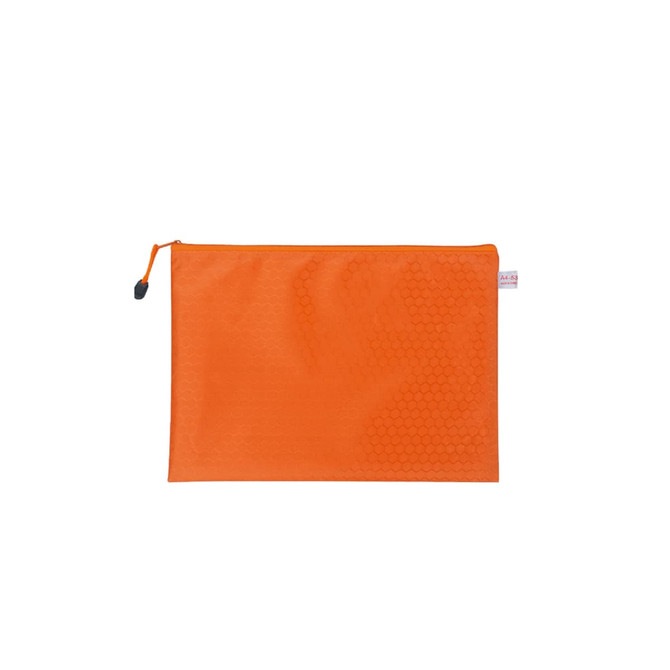 An orange laptop bag with a textured honeycomb pattern and a zip closure. It features a logo on the side.