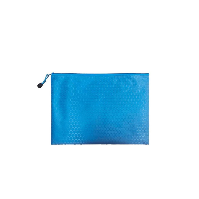 A blue zip bag with a textured honeycomb pattern and a zip closure. It features a small pull tab.