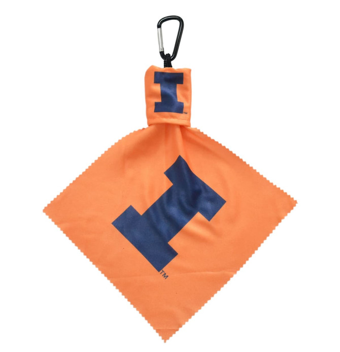 An orange microfibre lens cloth with a carabiner, featuring a large navy blue letter "I" and a logo.