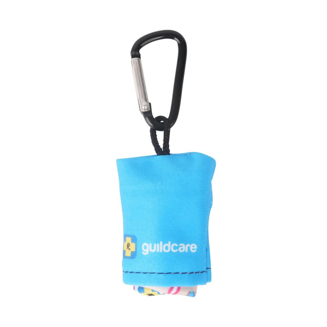 A blue microfibre lens cloth with a carabiner, featuring a logo, neatly folded for storage.