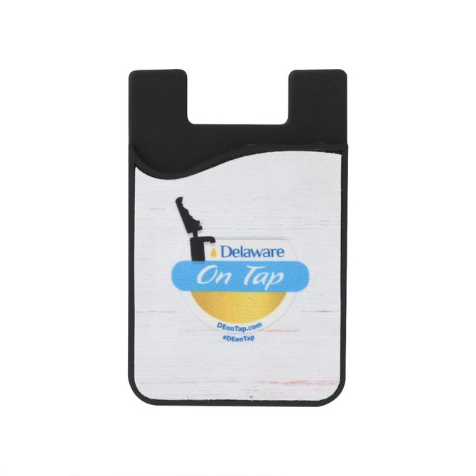 A black and white phone wallet with a curved design and a logo on the front.