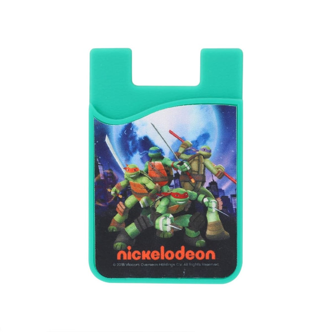 A turquoise phone wallet featuring a graphic of four animated characters against a night cityscape background.