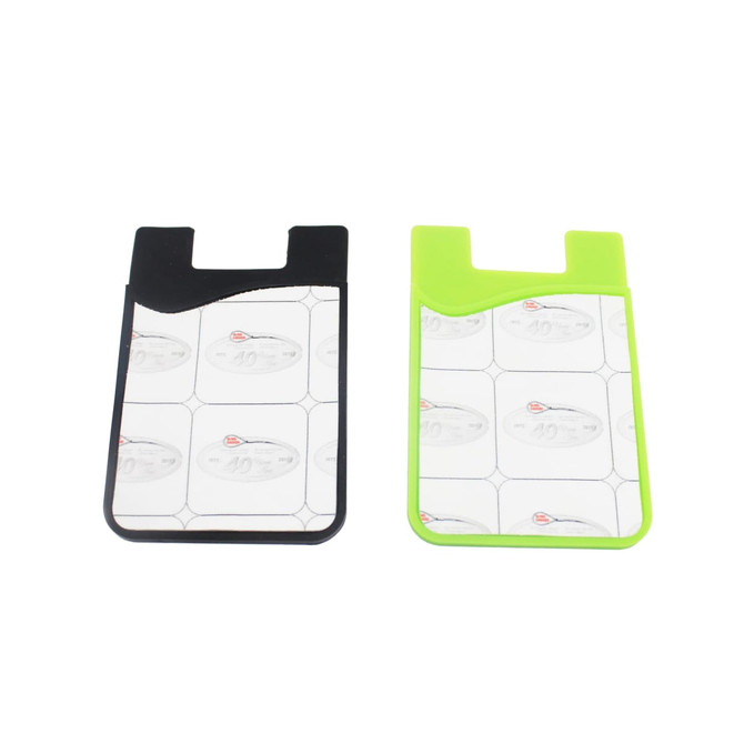 A black and a green smart wallet, designed to attach to phones, with a screen wipe feature.