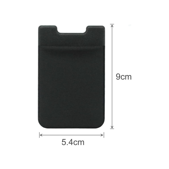 A black Lycra Smart Wallet with a single pocket, measuring 9cm in height and 5.4cm in width.