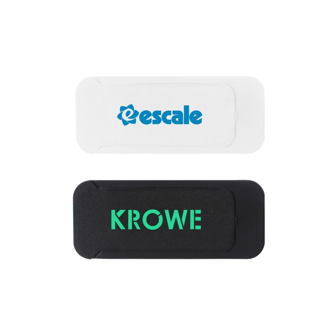 A white and black tablet webcam cover with logos in blue and green on each side.