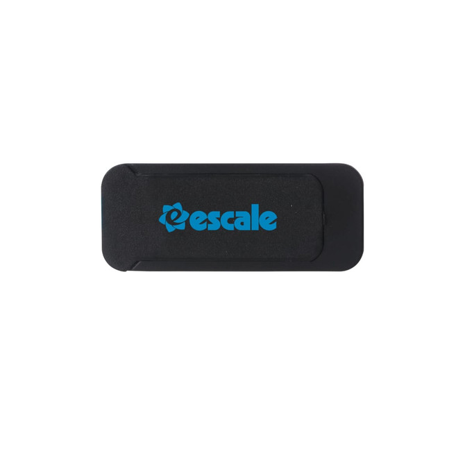 A black tablet webcam cover with a blue logo. It is sleek and designed for privacy.