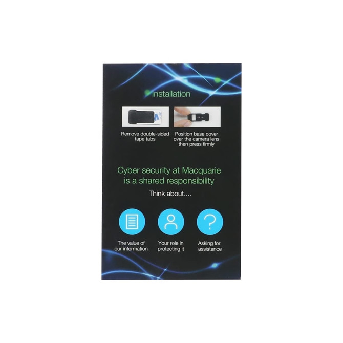 A mini webcam cover in black, featured on a promotional card with installation instructions and logos.