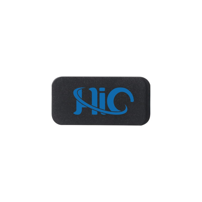 A black mini webcam cover with a logo printed in blue on the surface.