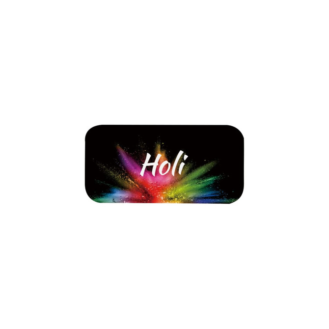 A colourful rectangular design featuring vibrant splashes and the word "Holi" in a prominent font.