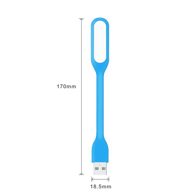 A blue USB light with a flexible arm, featuring a white panel and dimensions of 170mm by 18.5mm.