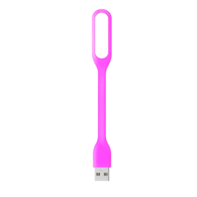 A pink flexible USB light with a looped handle and a USB connector at the end.