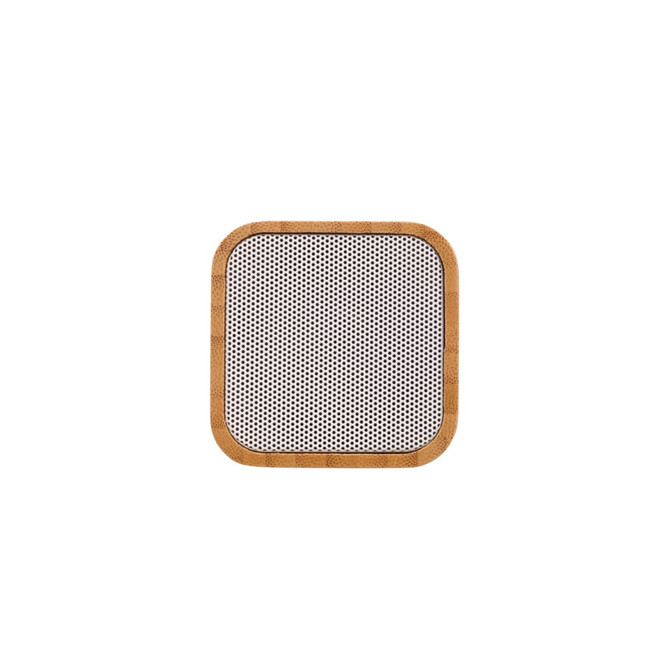 A square bamboo Bluetooth wireless speaker with a perforated front and a light wood frame.