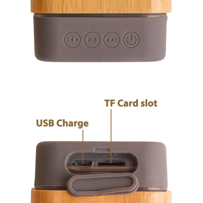 A bamboo Bluetooth wireless speaker featuring grey buttons and a USB charge port with a TF card slot.