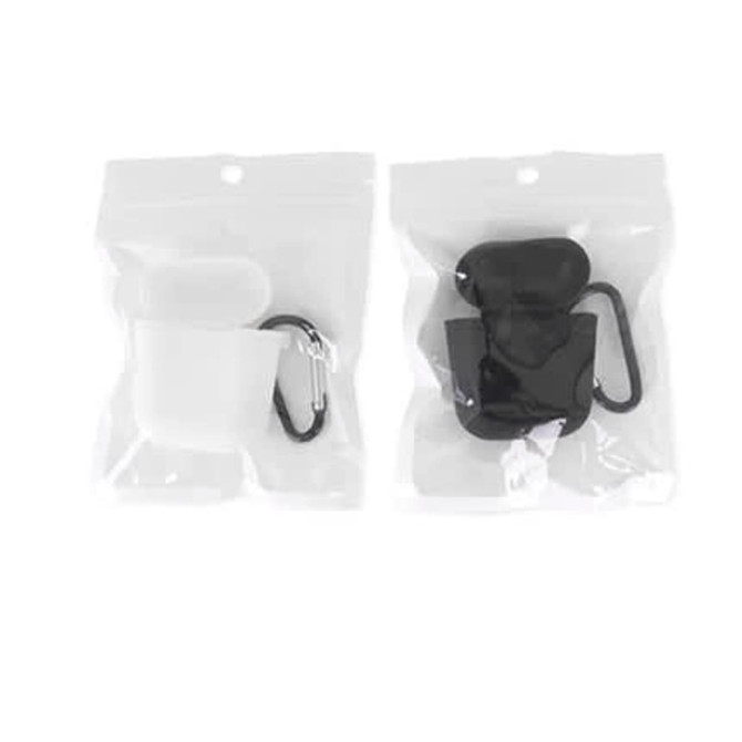 Two pairs of wireless earbuds in black and white packaging, featuring a carabiner clip and a logo.