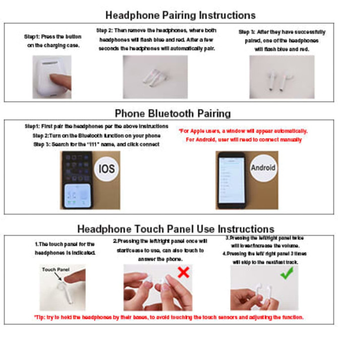 A promotional image featuring instructions for pairing and using Quality Touch Pods Wireless Earbuds with a mobile device. It includes diagrams and a touch panel guide. The earbuds are likely displayed in white.