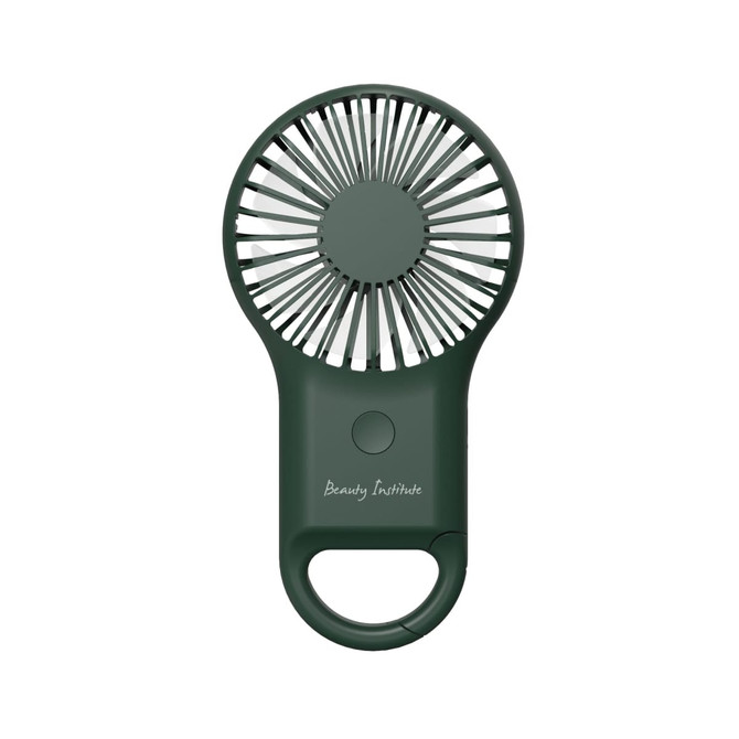 A green carabiner mini fan with an LED light, featuring a branding logo on the front.