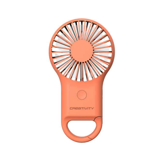 A compact orange carabiner mini fan with LED light, featuring a circular design and a small handle for attachment.
