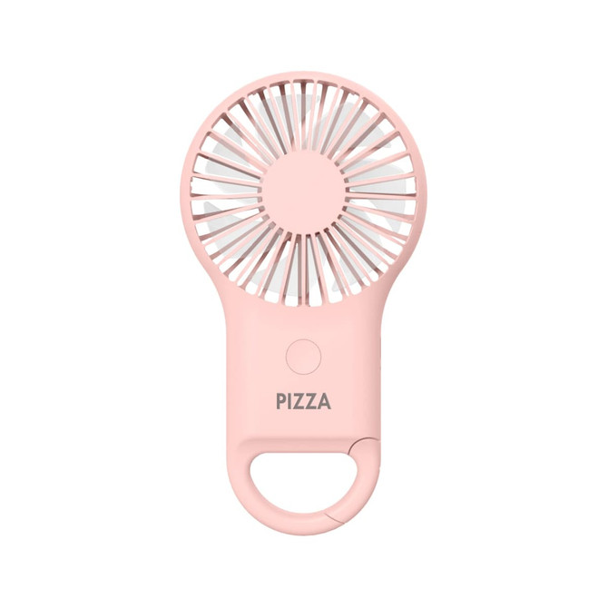 A pink carabiner mini fan with an LED light, featuring a logo and a circular design.