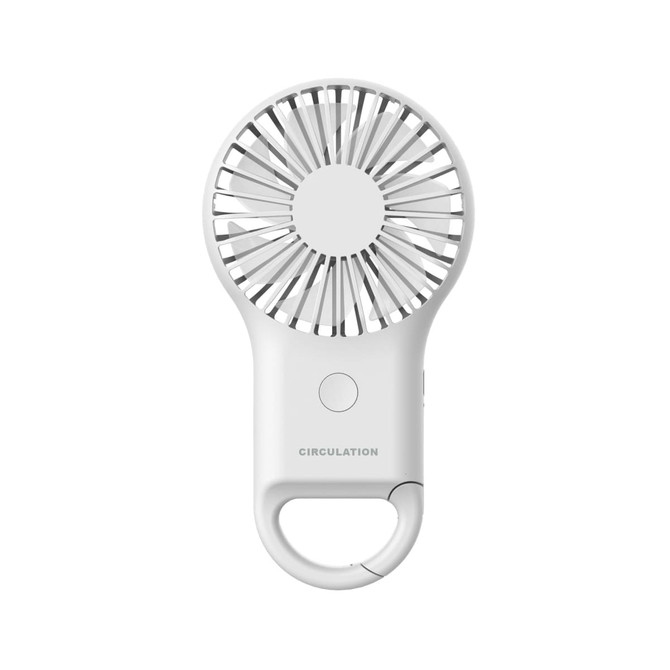 A white mini fan with a carabiner clip and LED light, featuring a circular blade design and a power button.