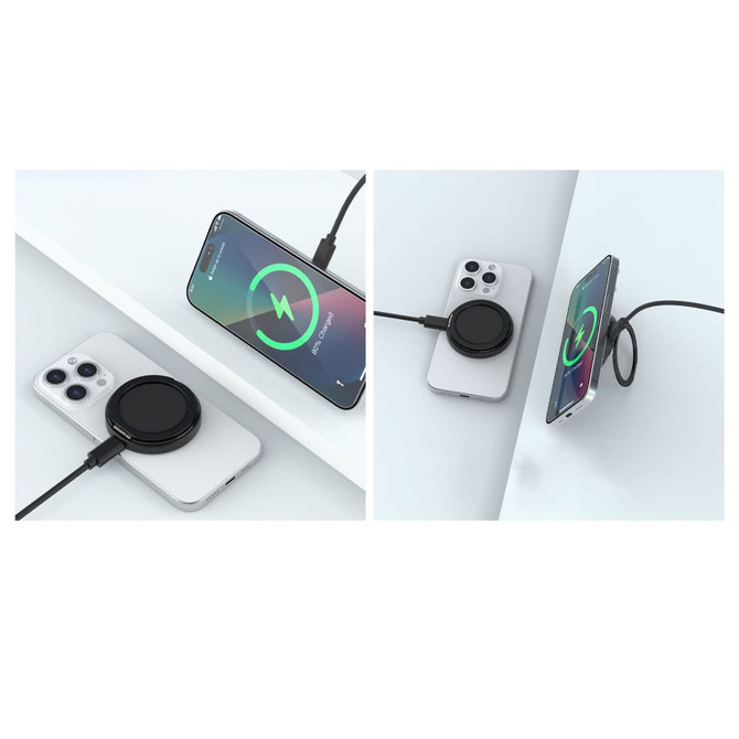 A magnetic wireless charge stand in black is placed beside a smartphone, featuring a cable connection and illuminated charging icon.