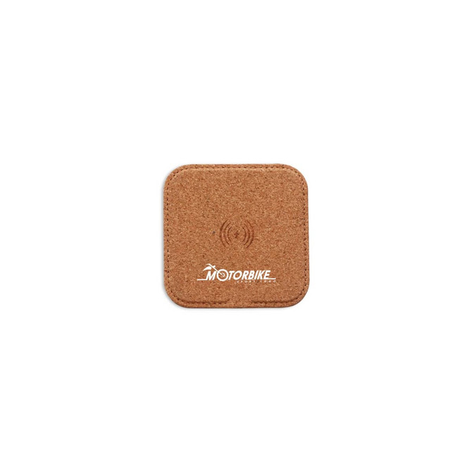 A square cork wireless charger featuring a simple design and a logo.