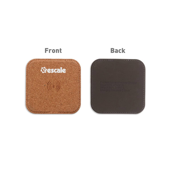 A square wireless charger in cork colour on the front and dark grey on the back, featuring a logo.