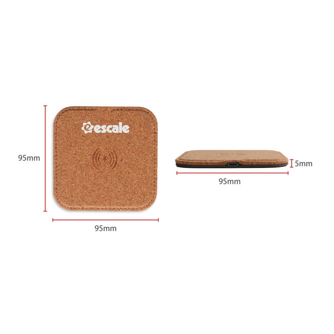 A square cork wireless charger in a light brown shade, featuring a simple logo, measuring 95mm by 15mm.