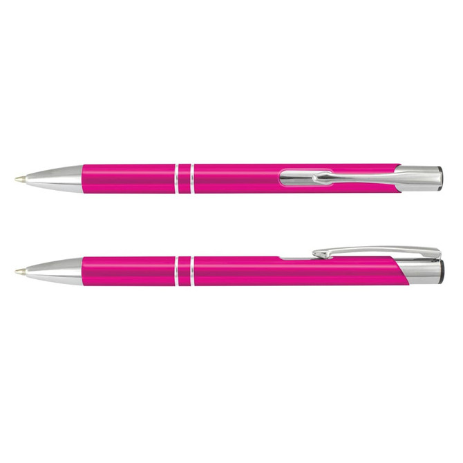 A metal pen in bright pink with silver accents, featuring a sleek design and a clip for easy carrying.