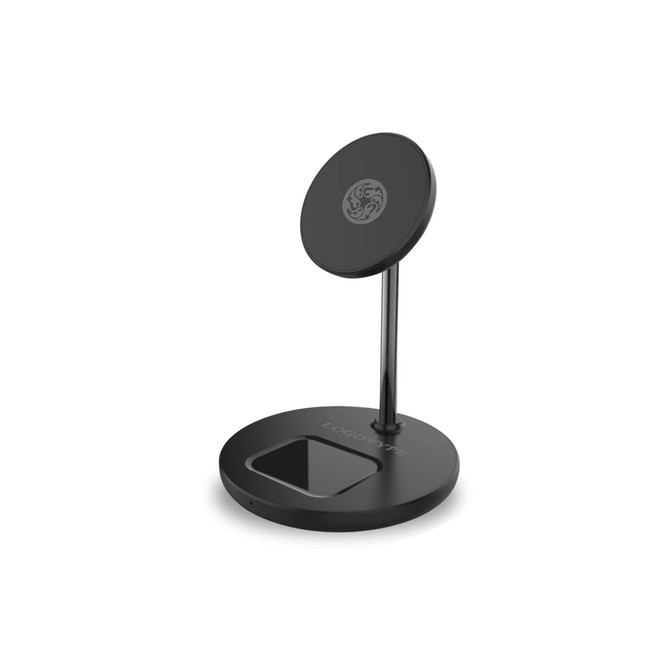 A black MagSafe 2-In-1 wireless charger featuring a base and an upright charging pad with a logo.