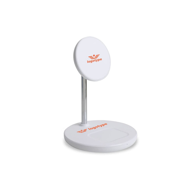 A white 2-in-1 wireless charger with a round base and a raised magnetic charging pad, featuring a logo.