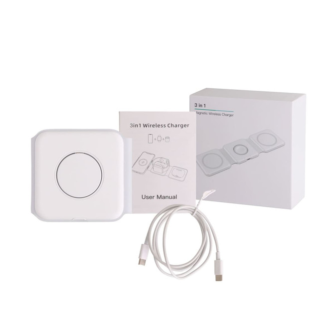 A white 3-in-1 foldable MagSafe wireless charger, accompanied by a user manual and a cable, all in a box.