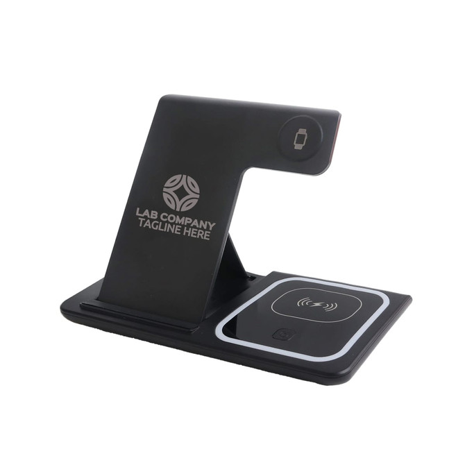 A black 3-in-1 portable wireless charger with a sleek design and a logo on the surface.