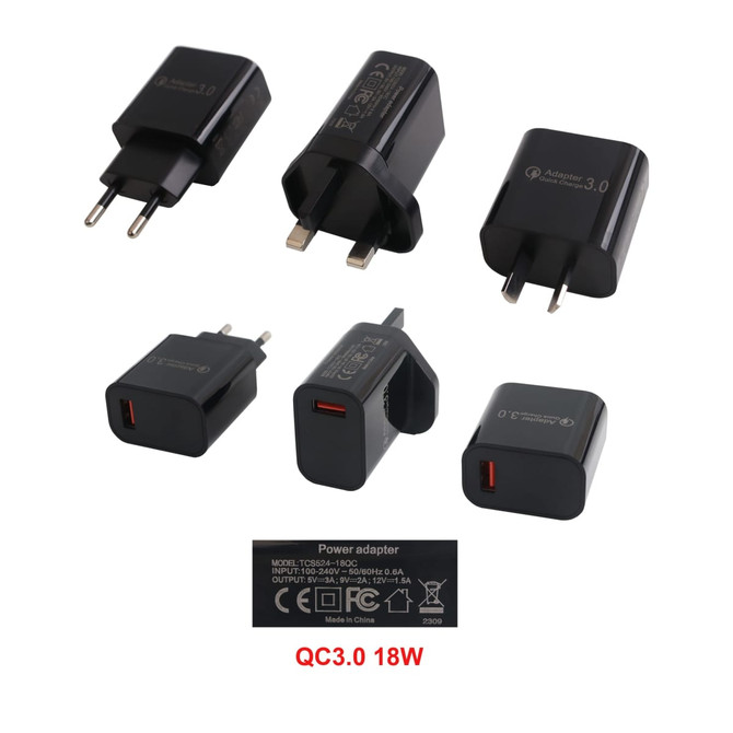 A collection of black power adapters features multiple configurations, including wall chargers and USB options.