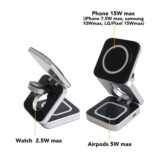 A foldable wireless charger stand in silver and black for phones, smartwatches, and AirPods, featuring a brand logo.