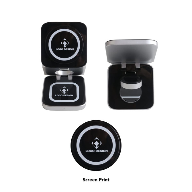 A foldable wireless charger stand in black and silver, featuring an embedded logo design.