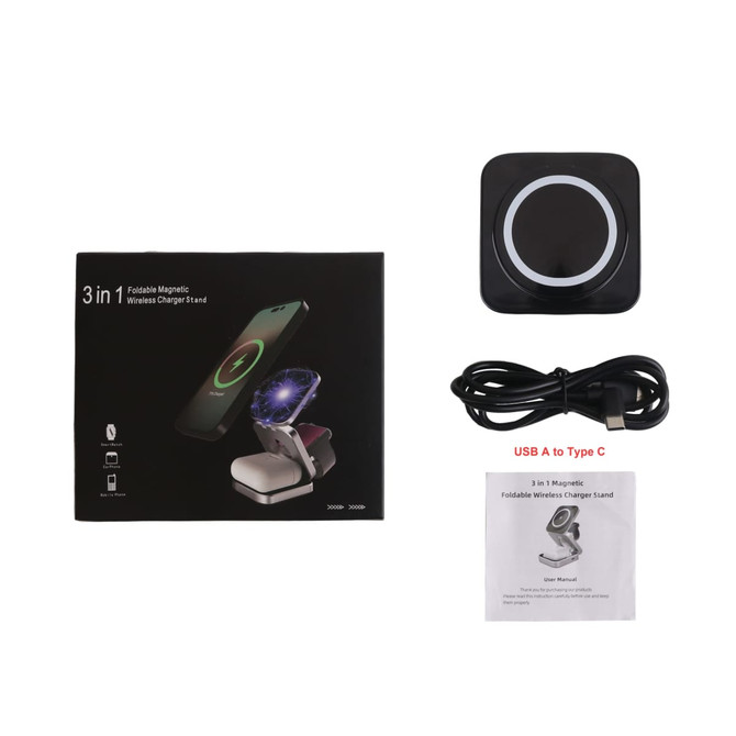 A foldable wireless charger stand in black, with a user manual and a USB A to Type C cable, displayed in its packaging.