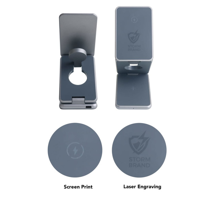 A grey foldable wireless charger stand with a circular opening and features for screen print and laser engraving.