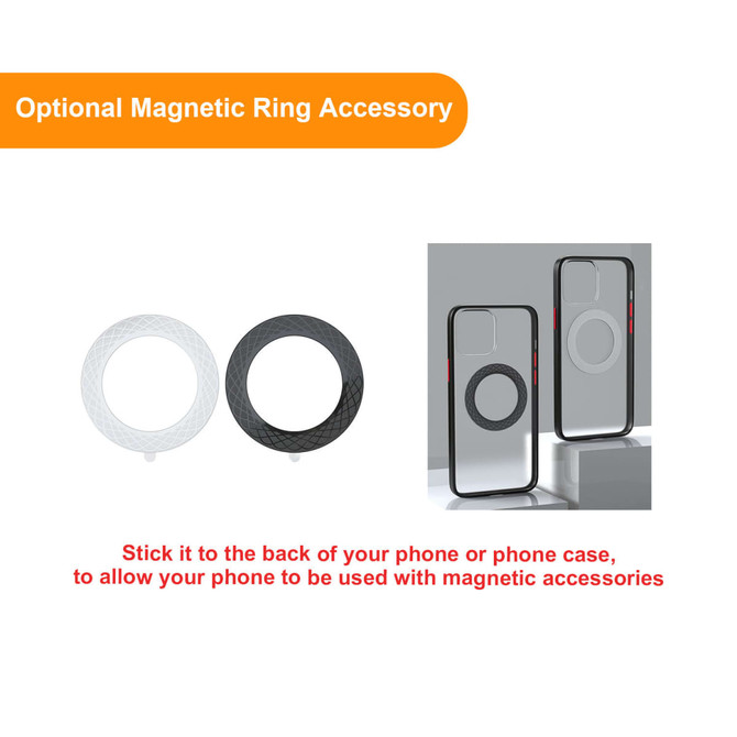 A magnetic ring accessory in white and black, designed for use with phone cases for magnetic attachments.